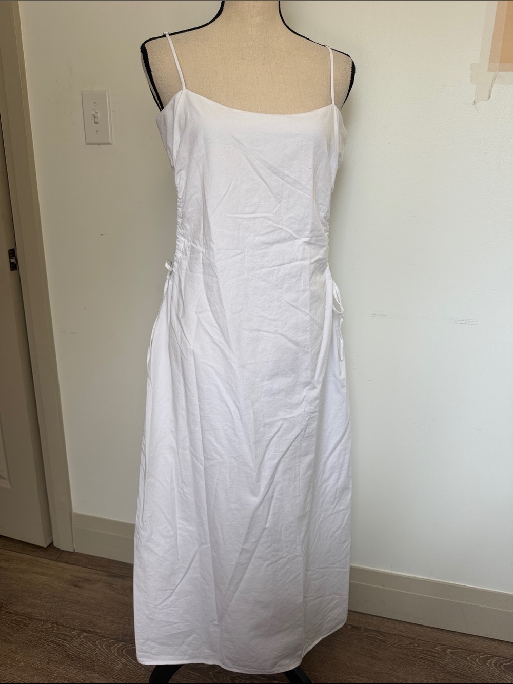 Zara White Spaghetti-Strap Maxi Dress Side Cut-Outs Cotton XL